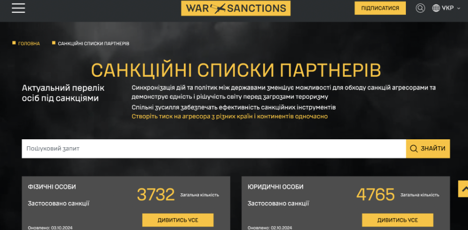 Скриншот із сайту War&Sanctions