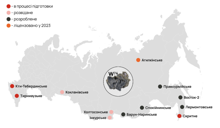 Вольфрамові родовища Росії та баланс добування-споживання, джерело: мережа Internet