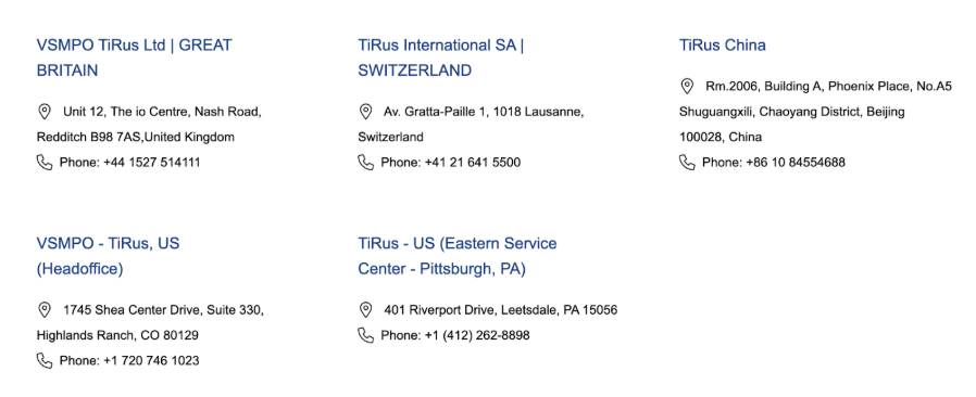 Offices of PJSC VSMPO-Avisma Corporation in the world (UK, Switzerland, China, USA, Germany), the company website
